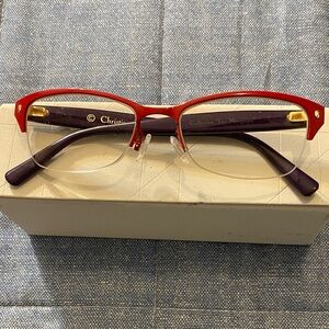 Dior Red and Purple Semi-Rim Prescription Cat-Eye Glasses with Gold Accents